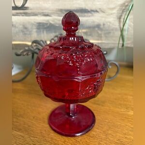 Vintage L G Wright Glass Panel Grape Amberina Footed Jam/Jelly with lid